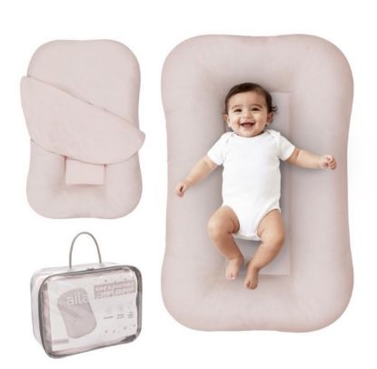 Picture of Aila + Aiden Baby Lounger | Organic Cotton Infant Lounger | Adjustable & Portable Floor Lounger | Supervised Use | Soft, Breathable, Washable Cover - Snuggle Collection - (Pink)