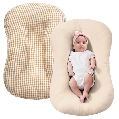 Picture of FUNUPUP Muslin Baby Lounger Cover Compatible with Snuggle Me Lounger, Infant Pillow Cover for Newborn, Removable Nest Slipcover for Boys and Girls, Only Cover, Beige and Plaid