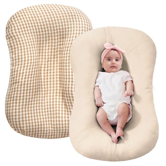 Picture of FUNUPUP Muslin Baby Lounger Cover Compatible with Snuggle Me Lounger, Infant Pillow Cover for Newborn, Removable Nest Slipcover for Boys and Girls, Only Cover, Beige and Plaid