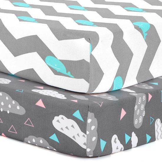 Picture of Stretchy Pack and Play Fitted Sheets: 2 Pack Mini Crib Sheets 38x26 - Soft Cozy Material - Fits Most Playards and Travel Playpens, Pack n Play, Nursery Daycare Bedding Essentials, Whale Cloud Print