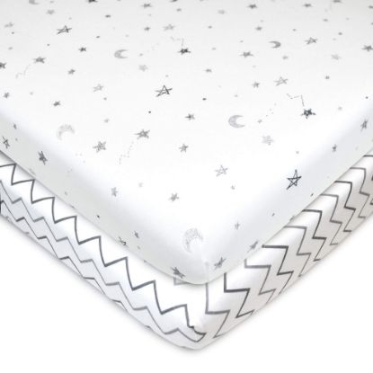 Picture of TL Care 2 Pack Natural Cotton Fitted Pack and Play Sheets 39" x 27" - Soft & Breathable Pack N Play Sheets for Playard & Mini Crib Mattress, Gray Star/Gray Zigzag, for Boys & Girls