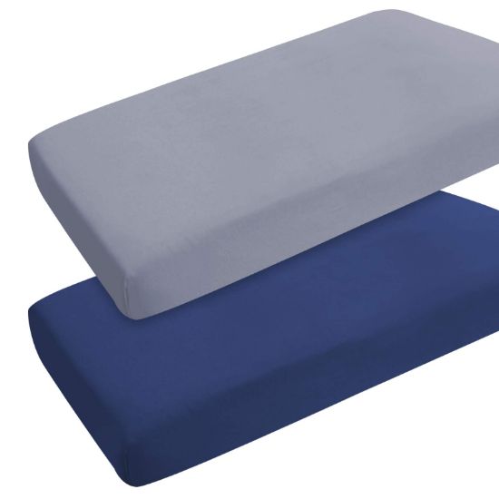 Picture of Pack and Play Sheets Boy Girl, 2 Pack Portable Playard Sheet Fits for Graco Pack N Play, Snug Fit Breathable Soft Fitted Playpen Sheet, Mini Crib Sheets, Grey & Navy