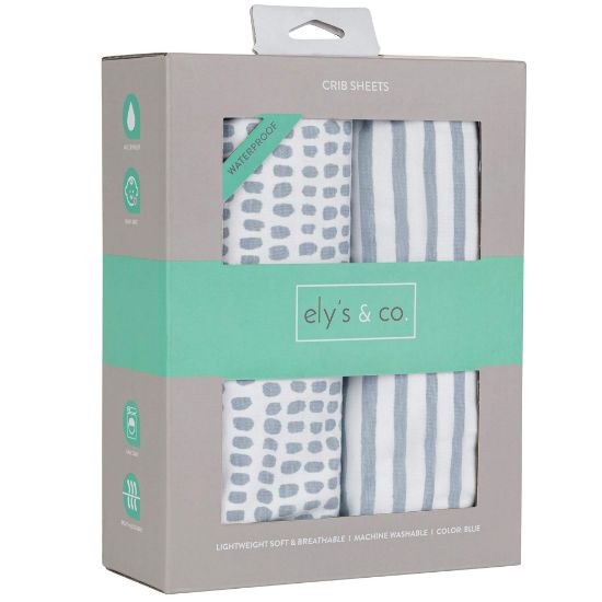 Picture of Elys & Co. Waterproof Crib Sheet/Toddler Bed Sheets - All-in-One Mattress Protector and Fitted Sheet - Soft Jersey Cotton, Misty Blue Splash & Stripes, Baby Boy Nursery Bedding Essential - 2-Pack
