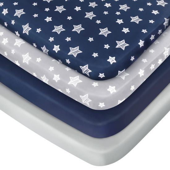 Picture of Pack and Play Sheets Boys, 4 Pack Mini Crib Sheets, Stretchy Pack and Play Playard Fitted Sheet, Compatible with Graco Pack n Play, Soft and Breathable Material, Navy