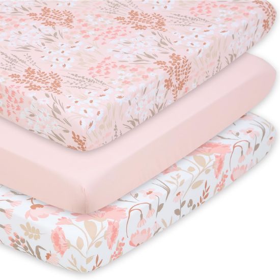 Picture of The Peanutshell 3 Pack and Play Crib Sheets Fitted - Universal Pack N Play Sheets for Pack and Play Mattress, Soft & Breathable Playard Bedding for Graco, Mini Crib Sheets Girl Fitted, Pink Floral