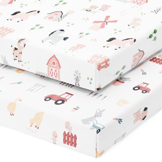 Picture of Pack and Play Sheets Fitted - Compatible with Graco Pack n Play Playard Crib and Other 27 x 39 Inch Playpen Mattress - Snuggly Soft Jersey Cotton - Farm Animals - 2 Pack