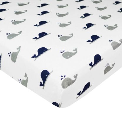 Picture of American Baby Company Natural Cotton Fitted Pack and Play Sheet 39" x 27" - Soft & Breathable Pack N Play Sheet for Playpen, Playard & Mini Crib Mattress, Navy Whale, for Boys & Girls