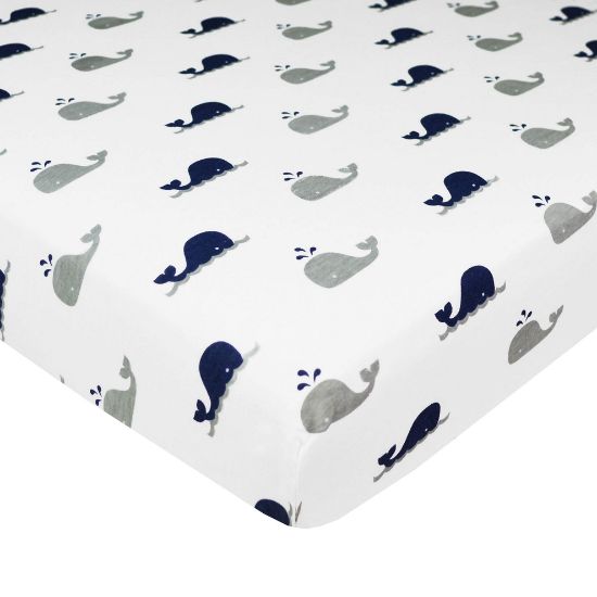 Picture of American Baby Company Natural Cotton Fitted Pack and Play Sheet 39" x 27" - Soft & Breathable Pack N Play Sheet for Playpen, Playard & Mini Crib Mattress, Navy Whale, for Boys & Girls