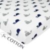 Picture of American Baby Company Natural Cotton Fitted Pack and Play Sheet 39" x 27" - Soft & Breathable Pack N Play Sheet for Playpen, Playard & Mini Crib Mattress, Navy Whale, for Boys & Girls