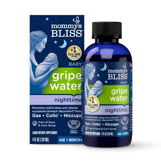 Picture of Mommy's Bliss, Bottle, Mommy's Bliss Night Time Gripe Water for Baby's Tummy Trouble - Relieves Occasional Infant Stomach Discomfort from Gas, Colic, Fussiness, Hiccups , 4 Fl Oz