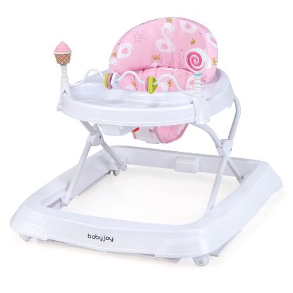 Picture of BABY JOY Baby Walker, Foldable Activity Walker with Adjustable Height, Large Tray & Removable Toys, Baby Walker with Wheels for Boys Girls 6-18 Months (Pink, Swan Pattern)