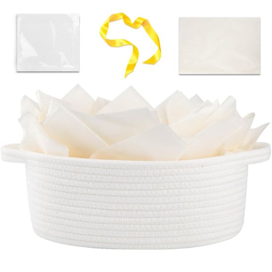 Picture of OIAHOMY Gift Basket with Handle, Small Woven Basket with Gift Bag, Ribbon and Wrap Tissue Paper, Nursery Bins Empty to Fill with Small Items, Baby, Pet Toy Organizer - White