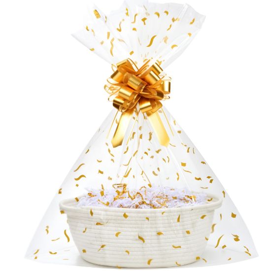 Picture of SUNCOLOR Small Woven Gift Basket Set with Cut Paper Shred Filler, Pull Bow & Cellophane Bag, 12x8x5 Inch Durable Cotton Rope Storage Basket for Easter, Baby Shower, Birthday, Holidays