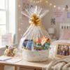 Picture of SUNCOLOR Small Woven Gift Basket Set with Cut Paper Shred Filler, Pull Bow & Cellophane Bag, 12x8x5 Inch Durable Cotton Rope Storage Basket for Easter, Baby Shower, Birthday, Holidays