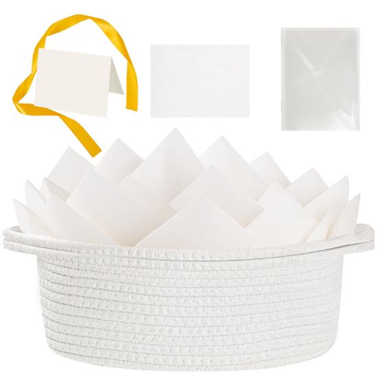 Picture of woric Woven Basket Gift Basket Storage Baskets with Handles for Gifts Empty Mothers Day Graduation Gifts Stuffers Baby Shower Toy (White 12"X 8" X 5" with Gift Bag Card Ribbon Tissue Paper)