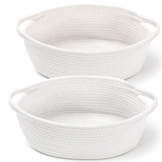Picture of 2 Pack Small Woven Basket with Gift Bags and Ribbons, Empty Decorative Gift Chest Box, Cute Baby Gift Basket for Nursery, Cotton Rope Room Shelf Storage Basket with Handles, All 12"x 8"x 5",White