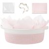 Picture of OIAHOMY Gift Basket Empty with Handle, 12"x 8"x 5" Small Woven Basket with Gift Bag, Ribbon and Wrap Tissue Paper, Dog Toy Storage for Organizing - Pink & White