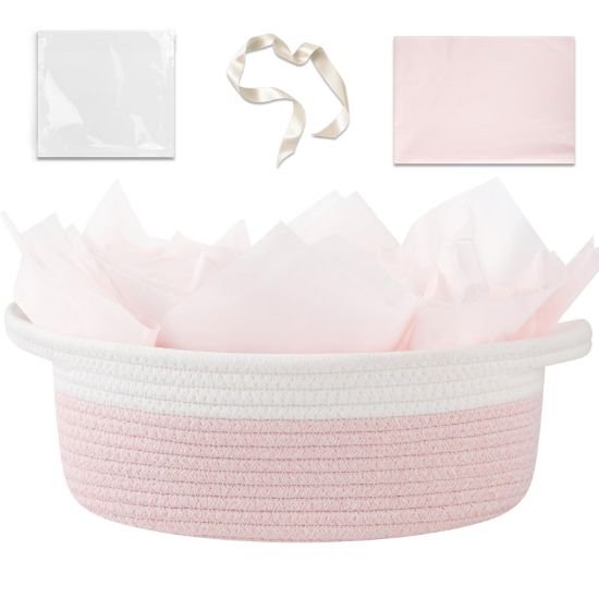 Picture of OIAHOMY Gift Basket Empty with Handle, 12"x 8"x 5" Small Woven Basket with Gift Bag, Ribbon and Wrap Tissue Paper, Dog Toy Storage for Organizing - Pink & White