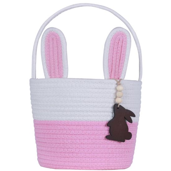 Picture of Easter Basket, Empty Easter Baskets for Kids Boys Girls with Bunny Tag Egg Basket Eater Gifts Basket Toddler Teens Babys First Easter Basket with Handle Pink White