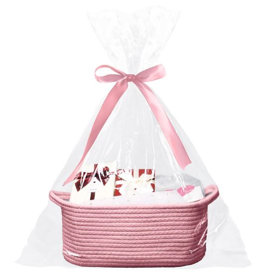 Picture of Poschnor Baby Gift Basket with Gift Bags and Ribbons, 12x 8x 5 Inch Basket for Baby and Pet Toys, Small Cotton Rope Basket - Pink