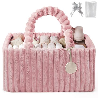 Picture of Blissful Diary Flannel Diaper Caddy Organizer, included Gift Packaging, Cozy Nursery Storage Basket, Gift for Baby Shower, Newborn Essentials, Blush Pink