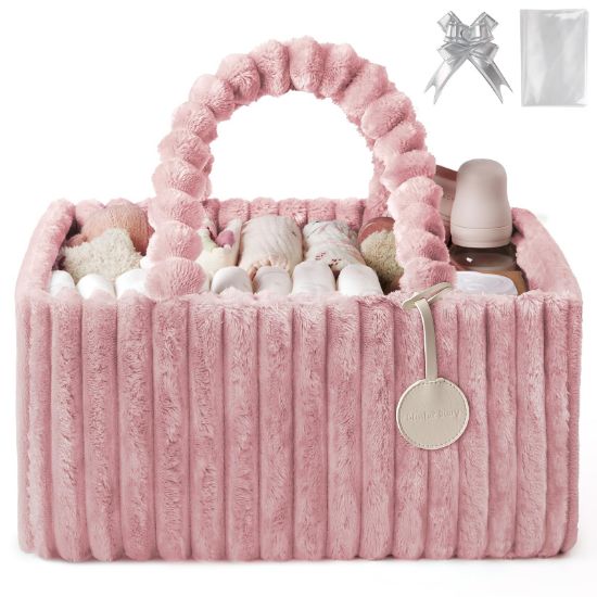 Picture of Blissful Diary Flannel Diaper Caddy Organizer, included Gift Packaging, Cozy Nursery Storage Basket, Gift for Baby Shower, Newborn Essentials, Blush Pink