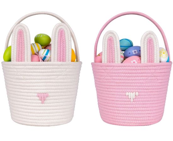 Picture of CubesLand Easter Baskets for Kids - 2-Piece Empty Bunny Buckets Set with Handle, Soft & Sturdy Easter Egg Hunt Basket Bags (9.8x7.8x7.8 Inch) - Perfect Easter Gifts for Girls, Boys & Toddlers