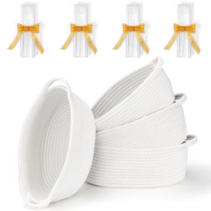 Picture of 4 Pack Small Woven Basket with Handles, All 12"x 8"x 5", Cotton Rope Room Shelf Storage Basket, Cat Toys, Cute Baby Gift Basket with Gift Bags and Ribbons for Nursery, Empty Decorative Gift Chest Box