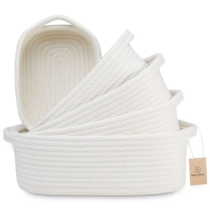 Picture of NaturalCozy 5-Piece Rectangle Storage Basket Set- Natural Cotton Rope Woven for Organizing! Small Basket for Montessori, Baby Nursery, Dog Toy Baskets, Cat Toy Box, Bathroom Organization Bin