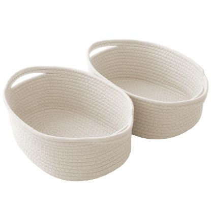 Picture of JMvicyroam Woven Basket,Small Rope Storage Bin with Handles & Ribbon Bag, Organizer for Shelves Closets,Gift Basket Empty for Birthday,Books,Dog Toys,White/2 Pack