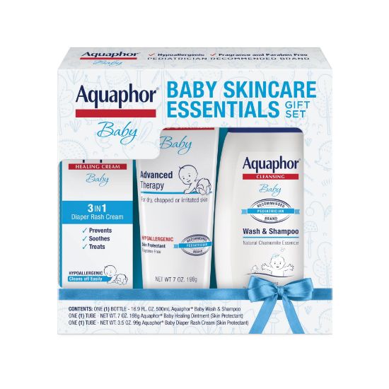 Picture of Aquaphor Baby Skin Care Essentials Gift Set with Baby Wash and Shampoo (16.9 Fl Oz) + Healing Ointment for Chapped Skin and Drool Rash (7Oz) + Diaper Rash Cream (3.5Oz), Hypoallergenic