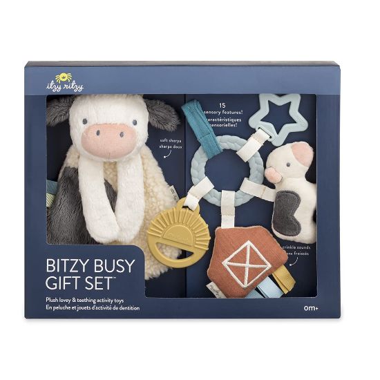 Picture of Itzy Ritzy Farm Toy Gift Set - Includes Cow Lovey & Farm-Themed Busy Ring Car Seat and Stroller Toy - Features Crinkle Sounds, Engaging Textures & Silicone Teething Relief (Farm)