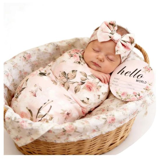 Picture of Galabloomer Newborn Receiving Blanket Headband Set Flower Print Baby Swaddle Blankets (Vintage)