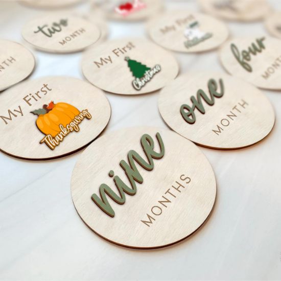 Picture of Monthly Baby Milestone Maker Discs, Baby Milestone Signs for Newborn Baby, Hello World Newborn Sign for Girl & Boy, Baby Announcement Sign for 1-12 Month, Milestone Wooden Circles (Sage)