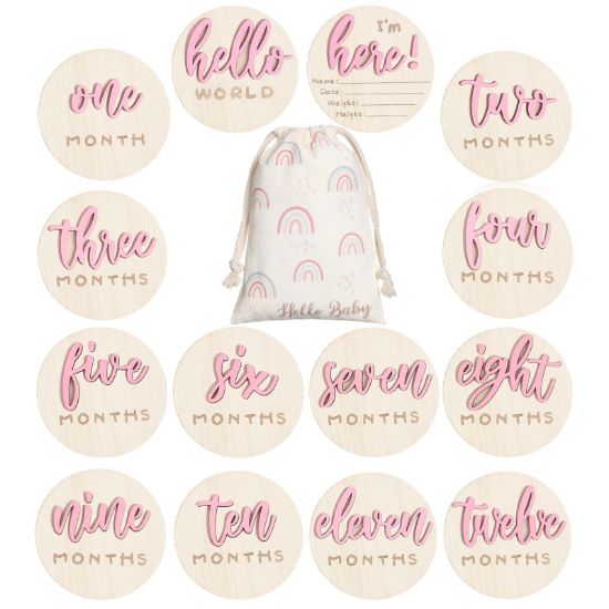 Picture of Burbell 7 Pack 3D Baby Monthly Milestone Card Signs Baby Announcement Sign Double Sided Hello World Newborn Signs Wooden Circles Discs for Welcome Newborn Boy Girl Photo Props(Pink,Letter)