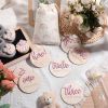 Picture of Burbell 7 Pack 3D Baby Monthly Milestone Card Signs Baby Announcement Sign Double Sided Hello World Newborn Signs Wooden Circles Discs for Welcome Newborn Boy Girl Photo Props(Pink,Letter)
