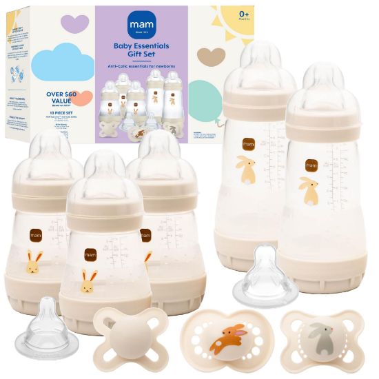 Picture of MAM Easy Start Anti-Colic Baby Bottle & Pacifier Set, 5 Self Sterilizing Bottles (3X 5oz, 2X 9oz) & 3 Original Pacifiers 0-16 Months + Extra Nipples, Newborn Feeding Gift Set