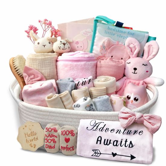 Picture of 27-Piece Baby Girl Shower Gift Basket Set - Newborn Essentials, Large Pink Gift Basket With Rattle, Swaddle, Diaper Caddy Organizer