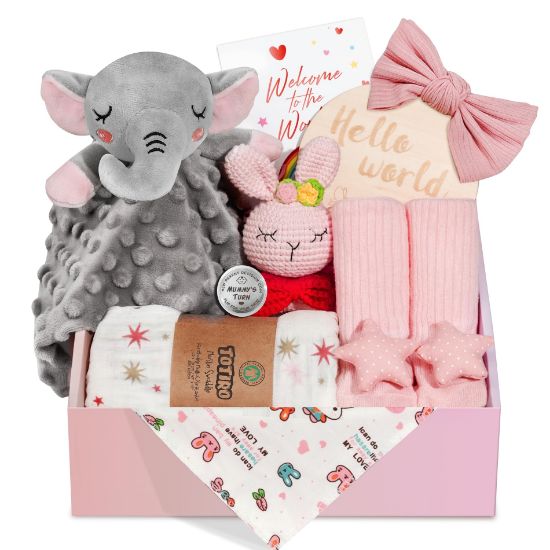 Picture of Totiro Newborn Baby Girl Gift, 9 Pcs Baby Gifts for Girls Newborn Essentials, New Baby Girl Gift Basket Baby Shower Gender Reveal Gifts, New Mom Gift Swaddle Blanket Bunny Rattle Gift Set