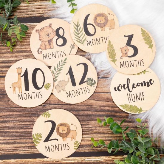 Picture of Baby Monthly Milestone Cards Sign - 7 Double Sided Animals Marker Wooden Circles Discs Newborn Photography Prop, Pregnancy Journey Birth Announcement Sign Baby Boy and Girl Gift Sets
