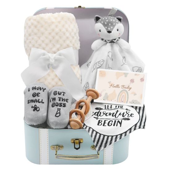 Picture of Fvntuey Baby Shower Gifts, Baby Boy Gifts Basket Includes Newborn Blanket Baby Lovey Security Blanket Wooden Rattle Toy, Funny Baby Bibs Socks & Greeting Card - Baby Gift Set Newborn Shower Basket