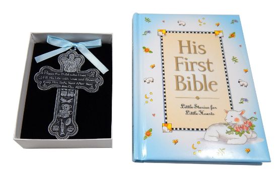 Picture of Baby Boy First Bible and 4" Pewter Baptism Guardian Angel Crib Cross (Original Version)-L8