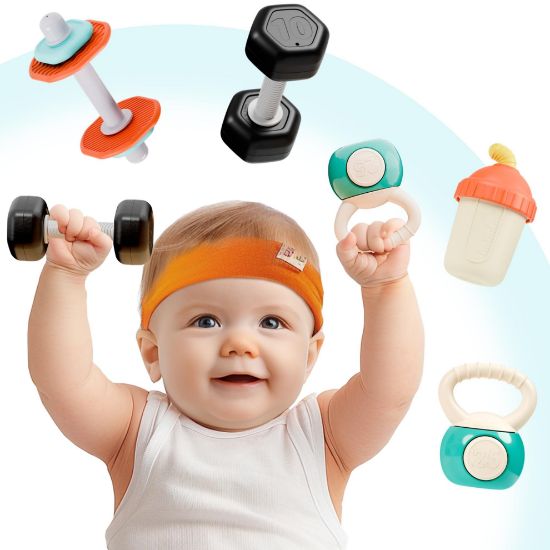 Picture of iPlay, iLearn Baby First Gym Rattle Set, Infant Dumbbell Weights Teething Rattles 3-6-12 Month, Newborn Workout Sensory Stroller Toy, Babies Birthday Shower Gift 5 7 8 9 10 Month Toddler Boy Girl-4PCS