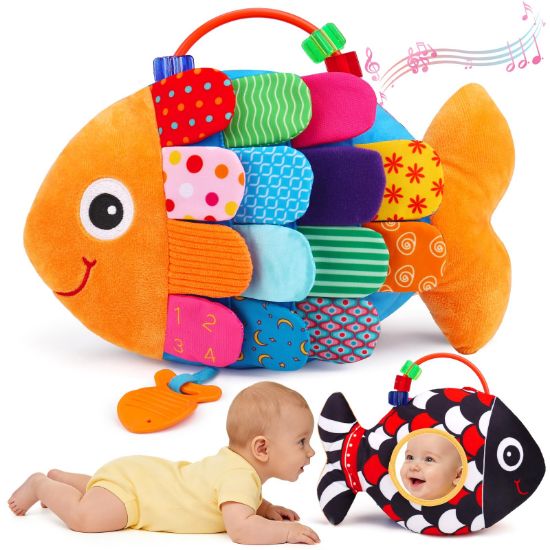 Picture of Baby Sensory Tummy Time Toys 0-6 Months Music Fish Toy for Infant 3 4 5 6 Month Old Black and White High Contrast Newborn Toys with Mirror Crinkle Rattle for 3-6 6-12 Months Baby Boy Girl Shower Gifts