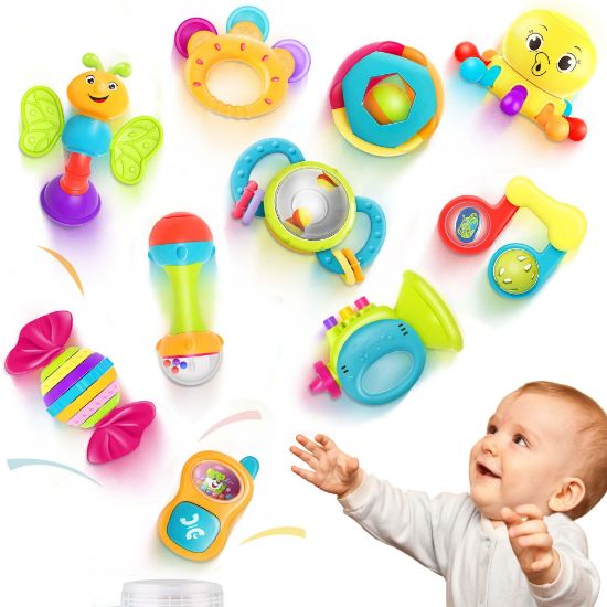 Picture of iPlay, iLearn 10pcs Baby Rattles Toys Set, Infant Grab Shake Rattle, Easy Hold Sensory Teether, Babies Development Learning Music Toy, Newborn Shower Birthday Gift 1 2 3 4 5 6 7 9 10 12 Month Boy Girl