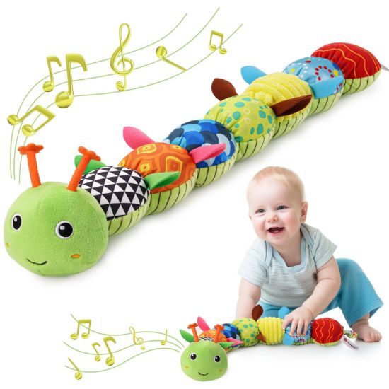 Picture of Awotoy Baby Toys 0 to 12 Months, Musical Stuffed Animal Activity Soft Toys with Multi-Sensory Crinkle, Rattle and Textures, Infant Tummy Time Toys for Newborn Boys Girls, Caterpillar, Green