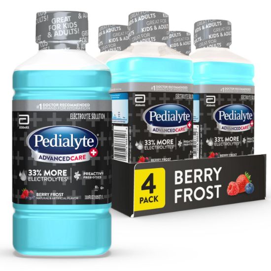 Picture of Pedialyte AdvancedCare Plus Electrolyte Hydration Drink, Has 33% More Electrolytes and Has PreActiv Prebiotics, Berry Frost, 1 Liter, Pack of 4