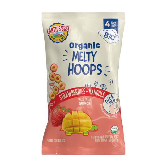 Picture of Earth's Best Organic Melty Hoops, Bite-Sized Snacks for Babies 8 Months and Up, Strawberry and Mango, 0.32 Ounce Individual Bags (Pack of 4)