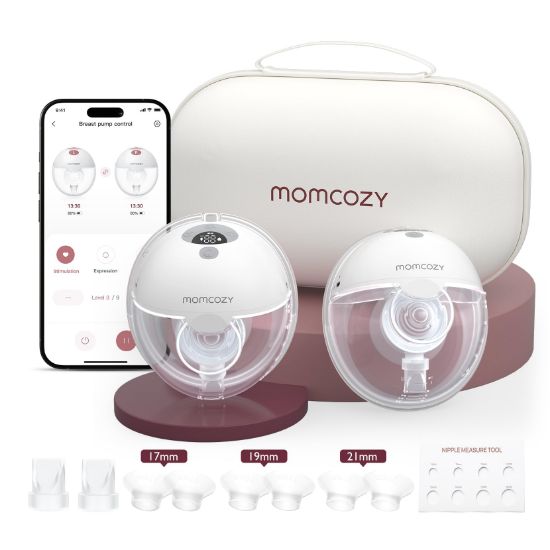 Picture of Momcozy M5 Smart APP Controlled Wearable Breast Pump, Hands-Free Wireless Electric Pump, 3 Modes 9 Suction Levels, BPA-Free, Portable Lightweight, 24mm Flange, 2-Pack Quill Gray
