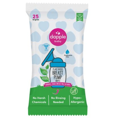 Picture of Breast Pump Wipes by Dapple Baby, Hypoallergenic & Powered by Plants, Removes Milk Residue, Leaves No Taste, Convenient Wipes Pouch, Fragrance Free, 25 Count (Pack of 1)